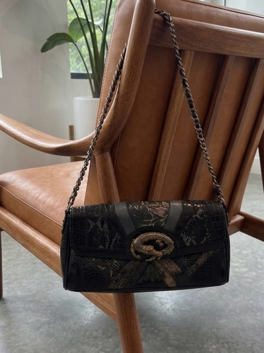 Sharif Black Snake-Embossed Shoulder Bag with Chain and Snake Buckle